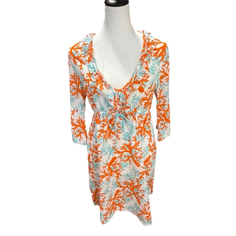 Mudpie Bag Lady Lightweight Linen Cinch Waist Coral & Teal Beach Dress Coverup